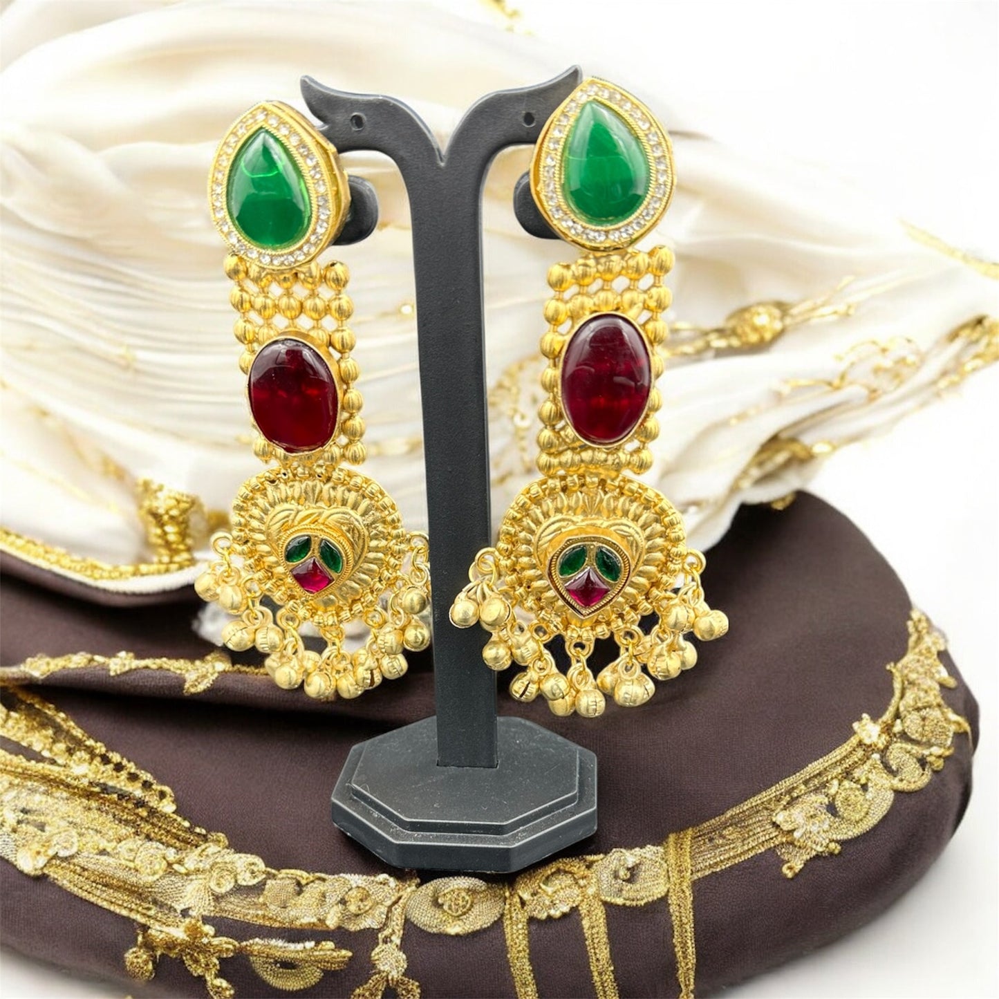Regal Ruby Green Statement Chandbali Earrings