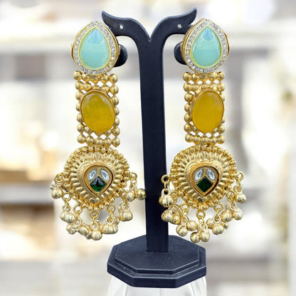 Regal Aqua Yellow Statement Chandbali Earrings