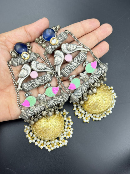 Bohemian Oxidized Blue Stone Jhumka Earrings