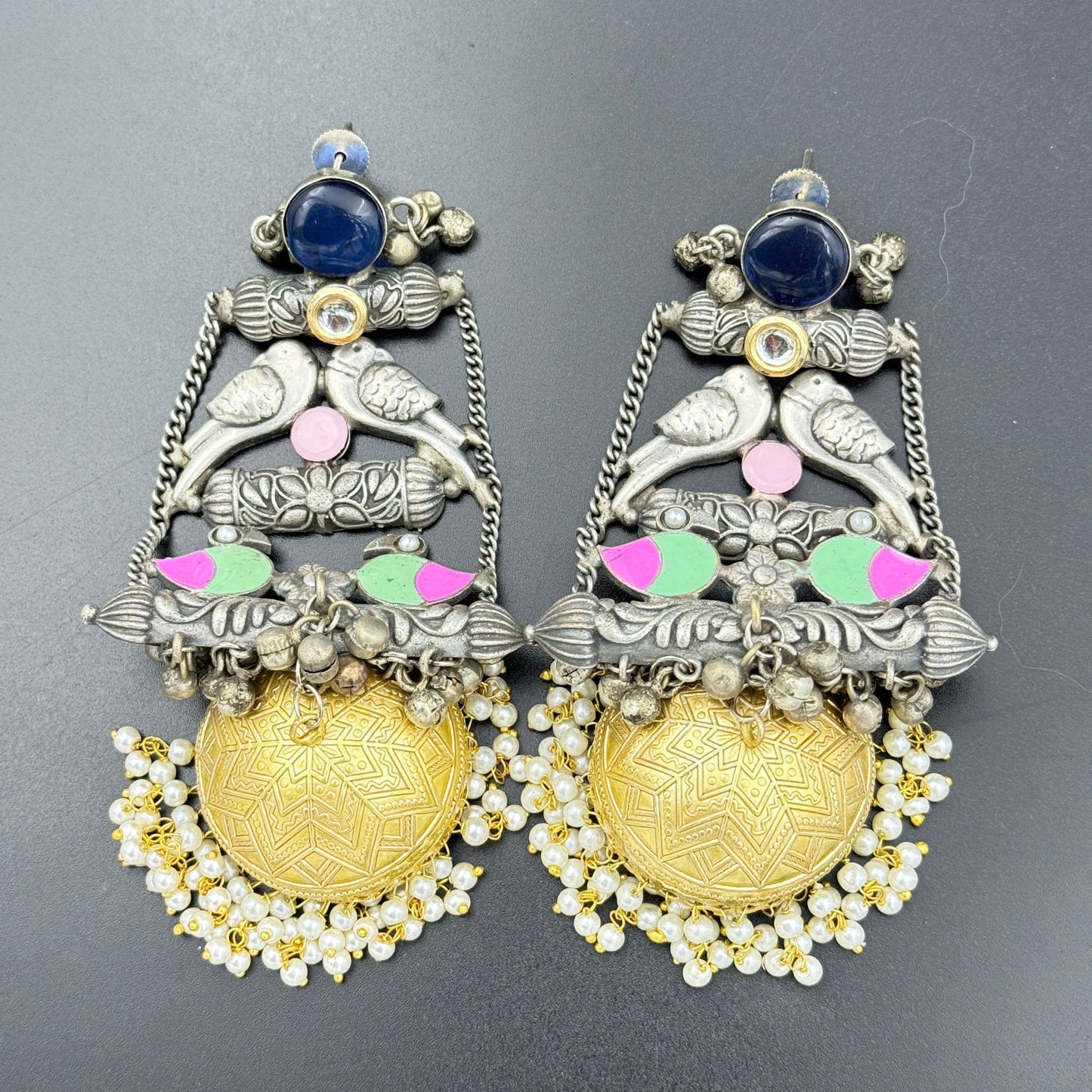 Bohemian Oxidized Blue Stone Jhumka Earrings