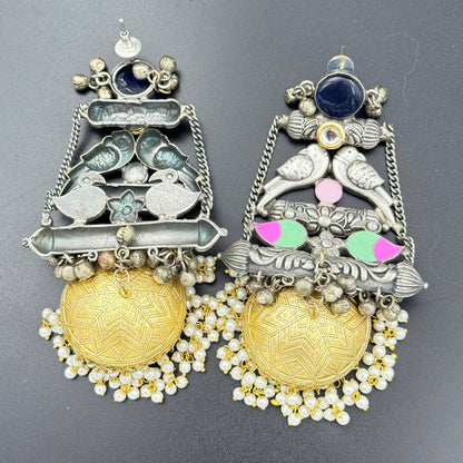 Bohemian Oxidized Blue Stone Jhumka Earrings