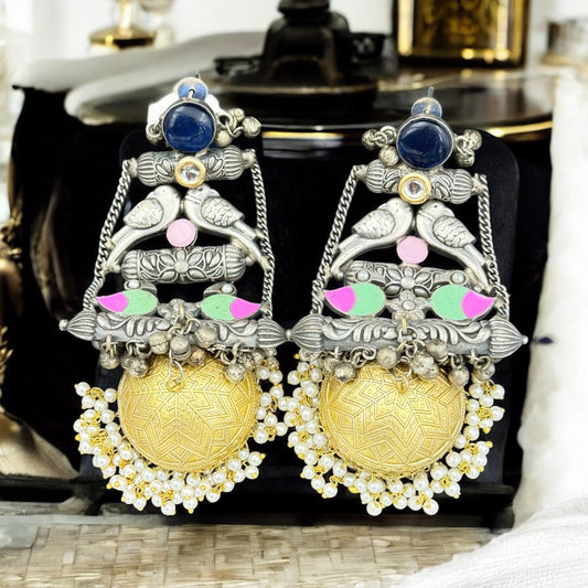 Bohemian Oxidized Blue Stone Jhumka Earrings