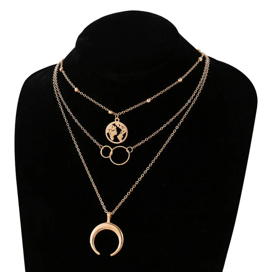 Glitzy Globe Cross Ring Layered Pendant Necklace