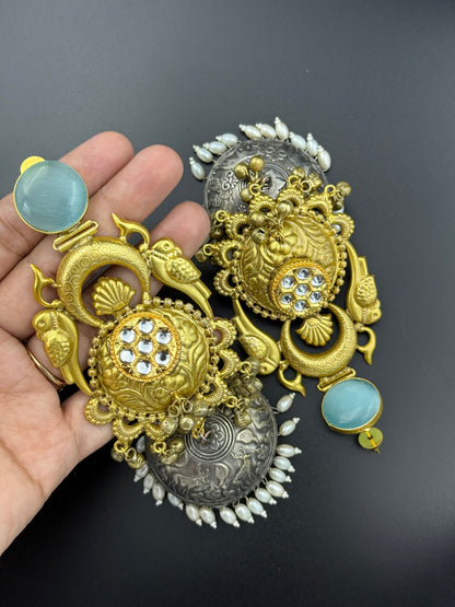 Aqua Blue Parrot Dual Tone Jhumka Earrings