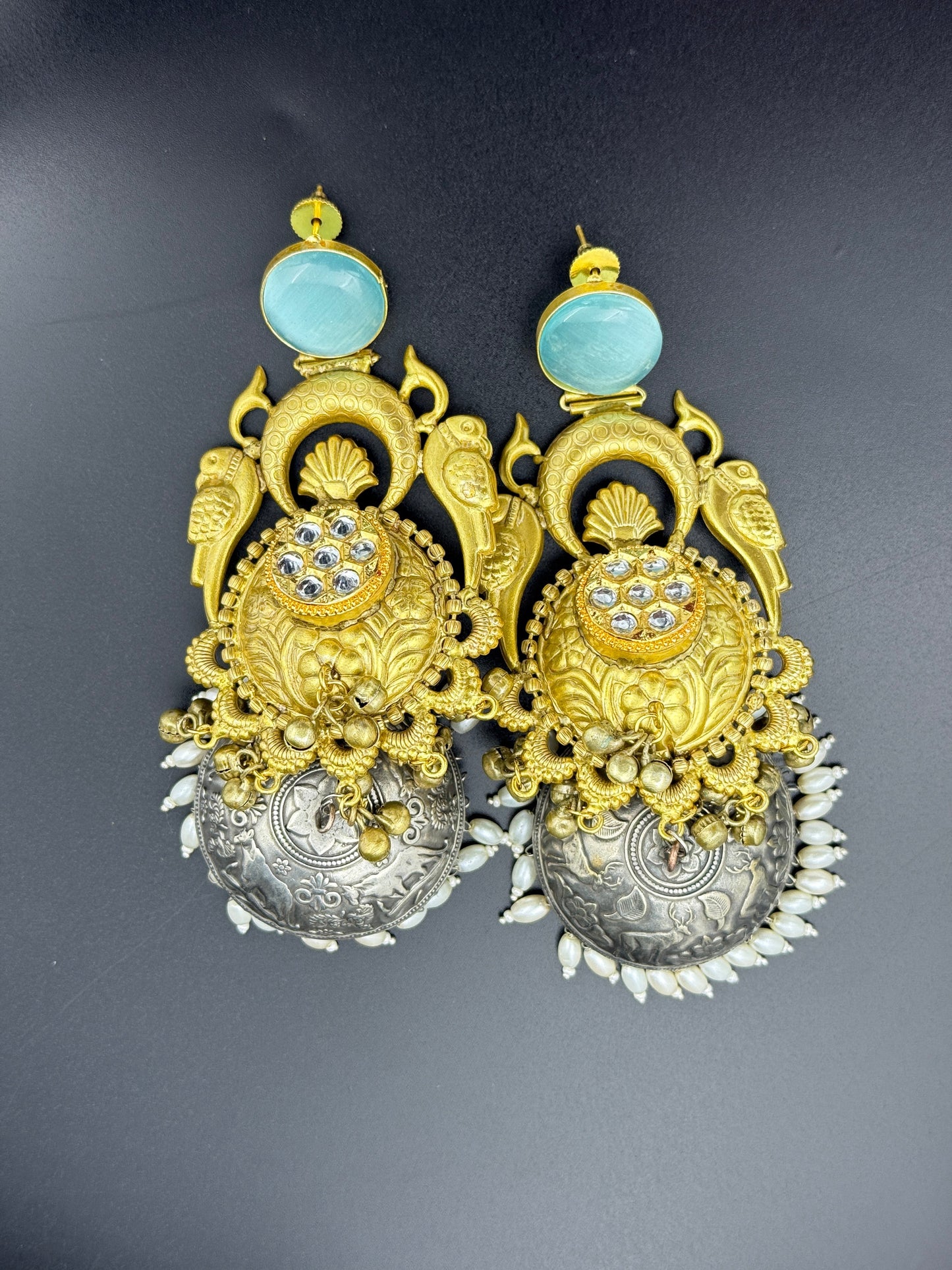Aqua Blue Parrot Dual Tone Jhumka Earrings