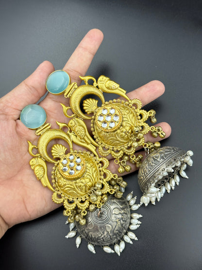 Aqua Blue Parrot Dual Tone Jhumka Earrings