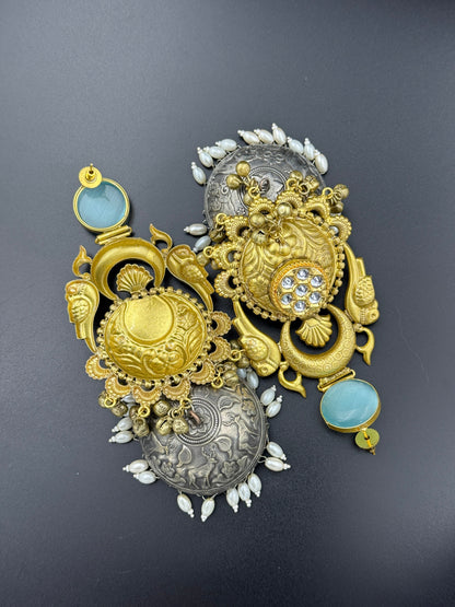 Aqua Blue Parrot Dual Tone Jhumka Earrings