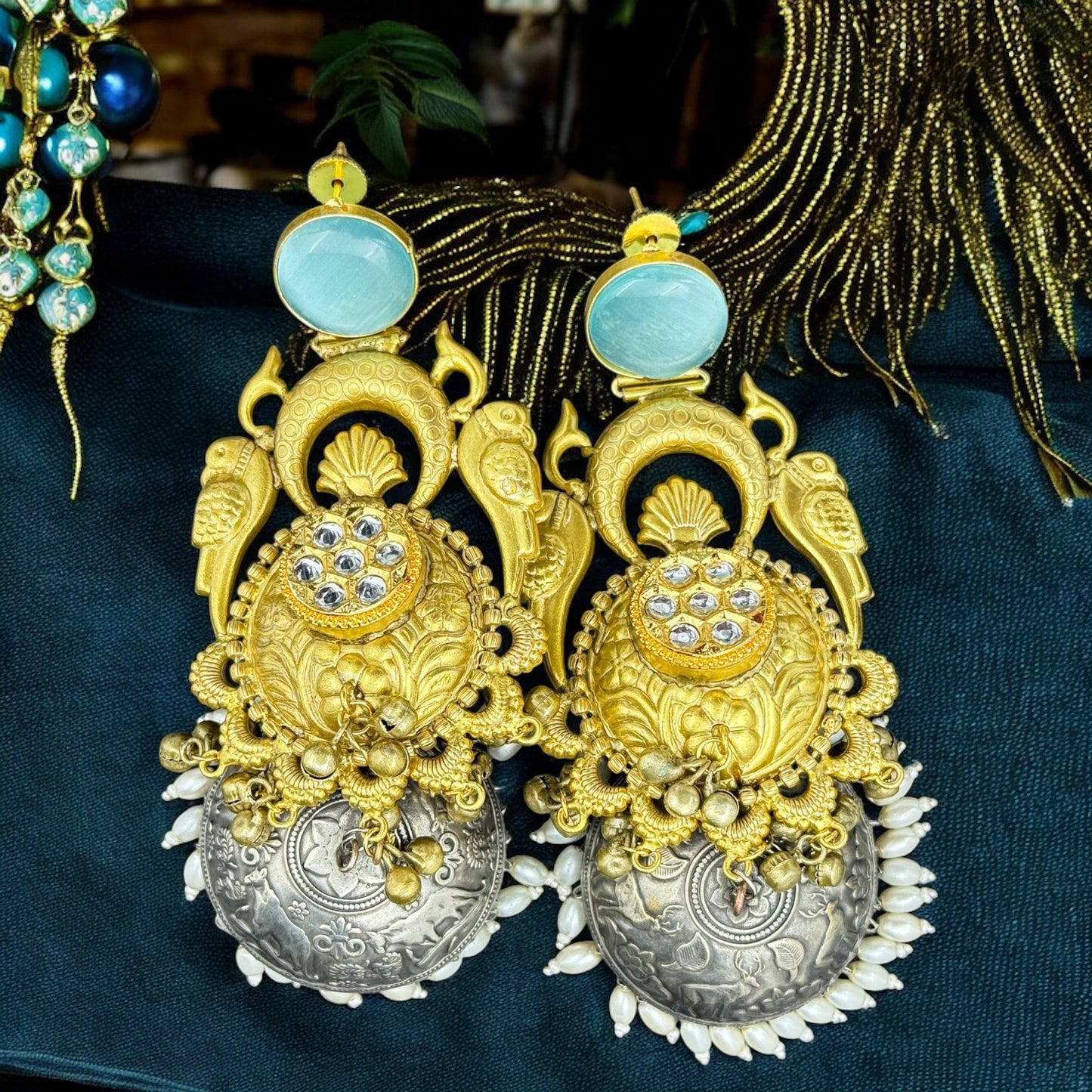 Aqua Blue Parrot Dual Tone Jhumka Earrings