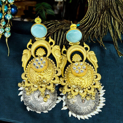 Aqua Blue Parrot Dual Tone Jhumka Earrings