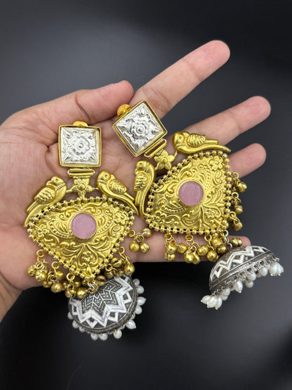 Parrot Dual Tone Pink Statement Jhumka Earrings
