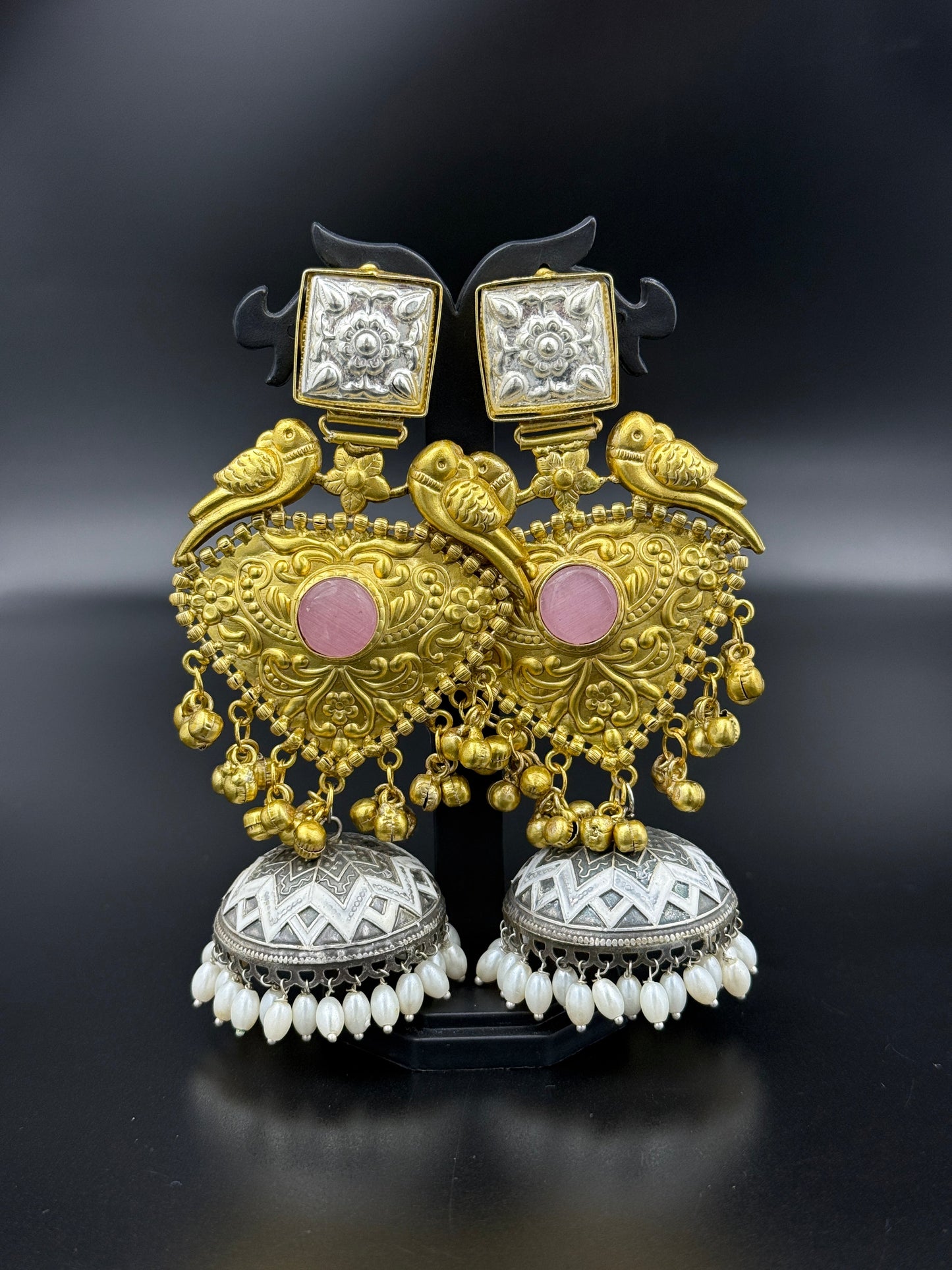Parrot Dual Tone Pink Statement Jhumka Earrings