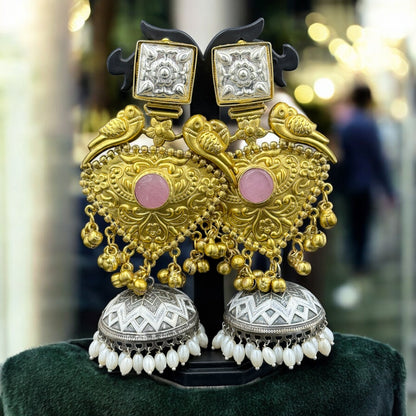 Parrot Dual Tone Pink Statement Jhumka Earrings