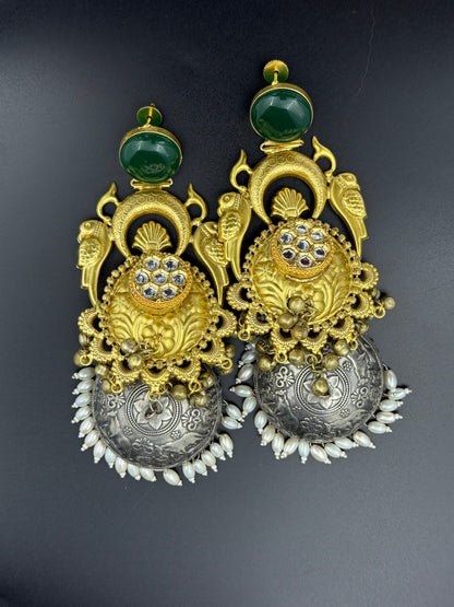 Emerald Parrot Dual Tone Jhumka Earrings