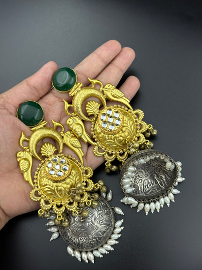 Emerald Parrot Dual Tone Jhumka Earrings