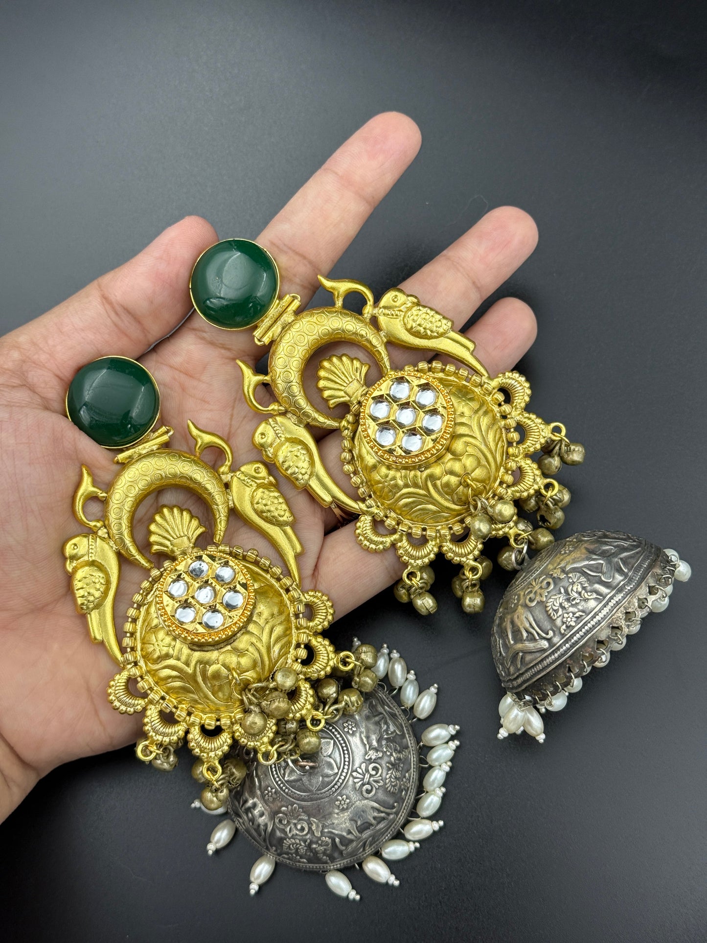 Emerald Parrot Dual Tone Jhumka Earrings