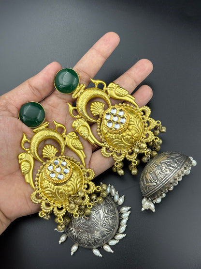 Emerald Parrot Dual Tone Jhumka Earrings