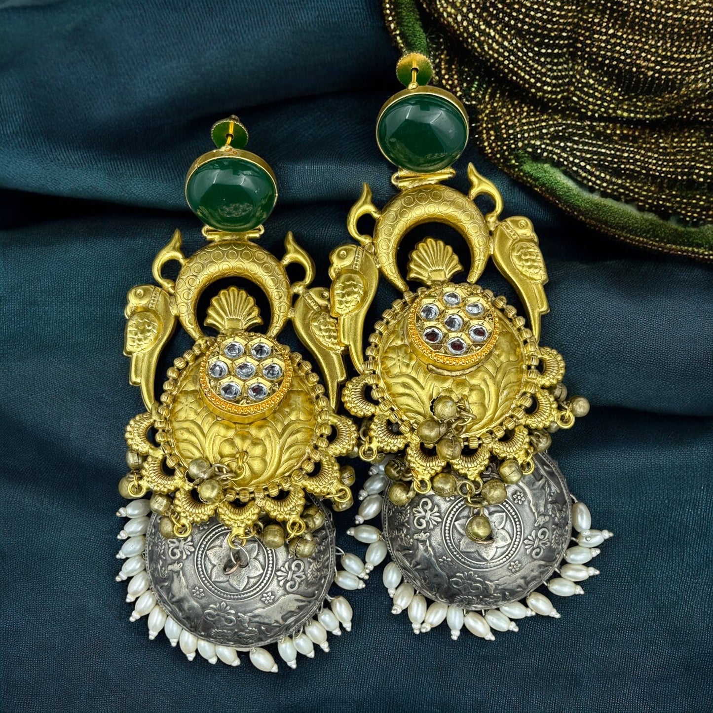 Emerald Parrot Dual Tone Jhumka Earrings
