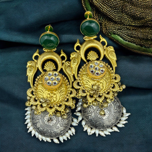 Emerald Parrot Dual Tone Jhumka Earrings