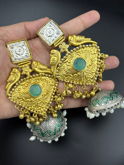 Parrot Dual Tone Statement Jhumka Earrings