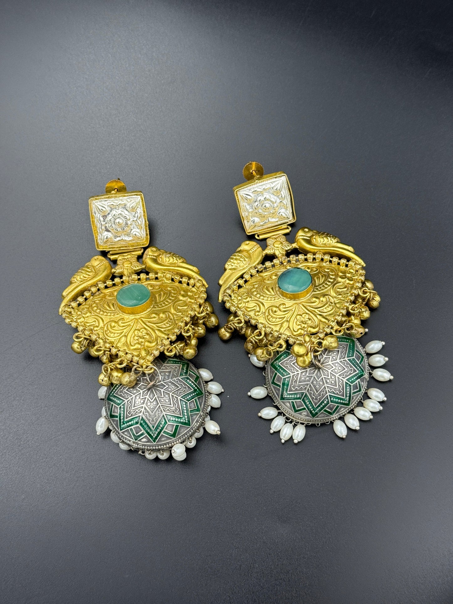 Parrot Dual Tone Statement Jhumka Earrings
