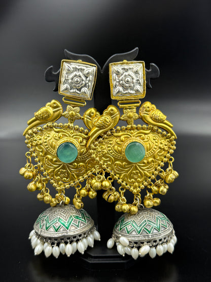 Parrot Dual Tone Statement Jhumka Earrings