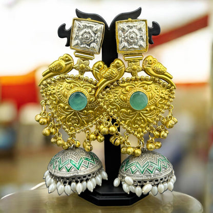 Parrot Dual Tone Statement Jhumka Earrings
