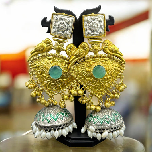 Parrot Dual Tone Statement Jhumka Earrings