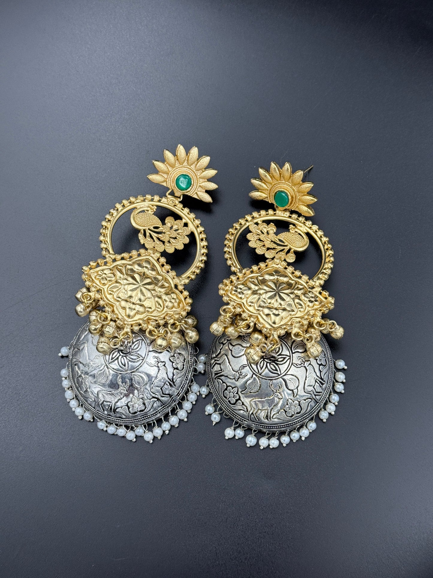 Peacock Dual Tone Green Jhumka Earrings