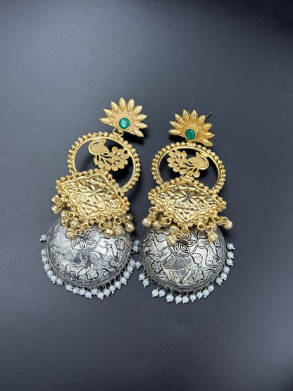 Peacock Dual Tone Green Jhumka Earrings