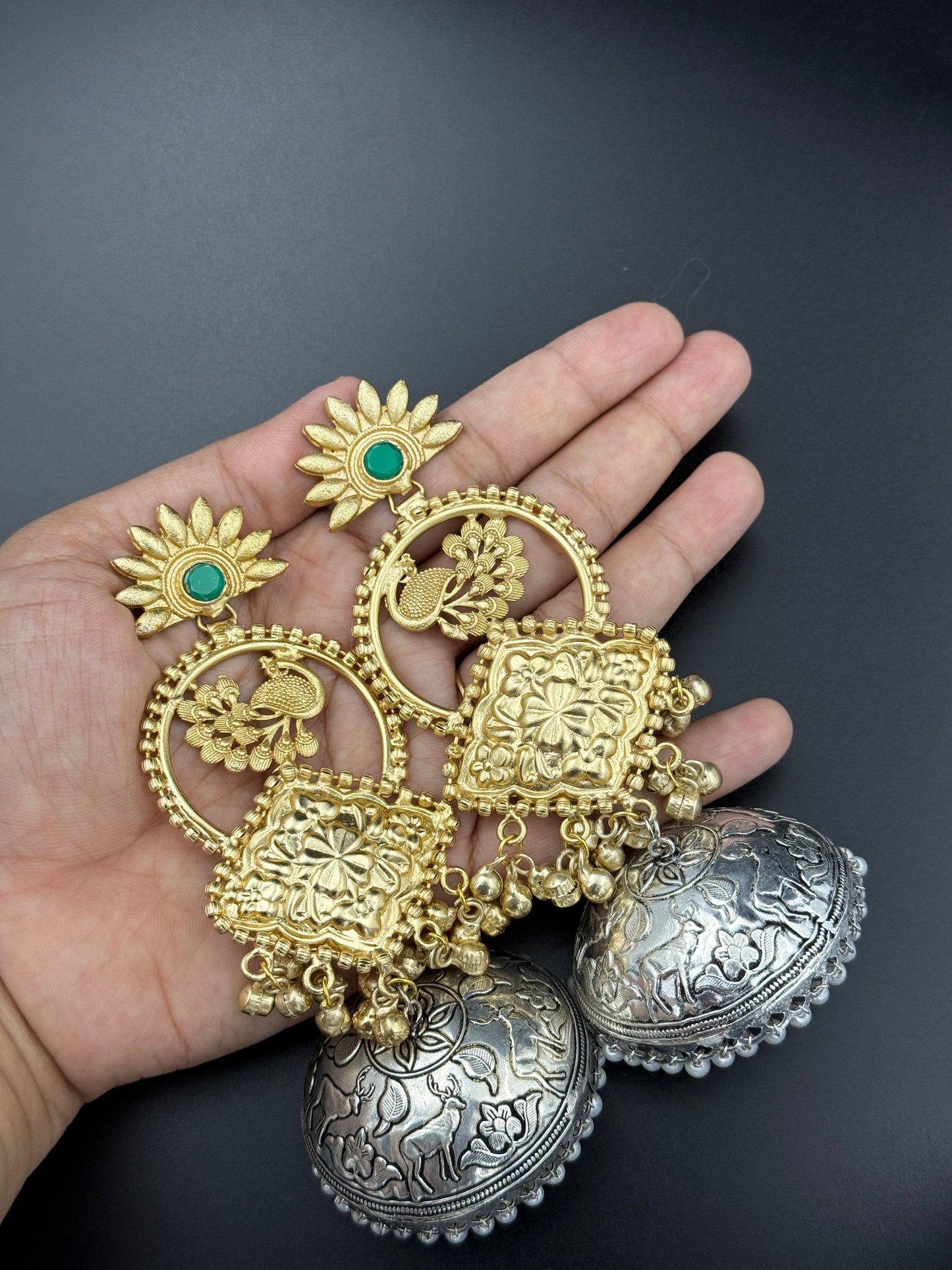 Peacock Dual Tone Green Jhumka Earrings