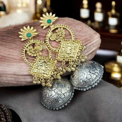 Peacock Dual Tone Green Jhumka Earrings