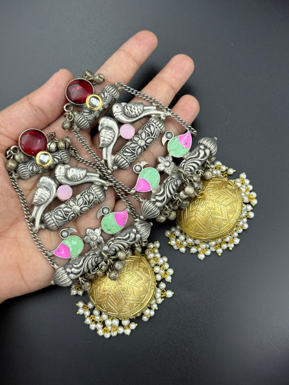 Bohemian Oxidized Red Stone Jhumka Earrings