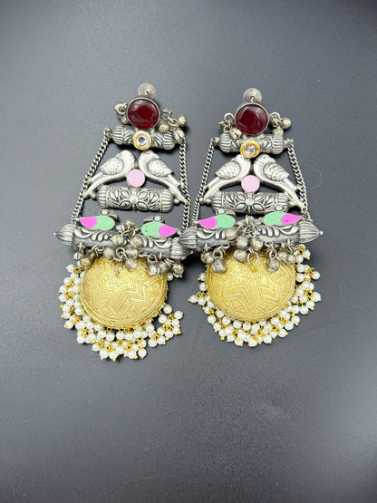 Bohemian Oxidized Red Stone Jhumka Earrings