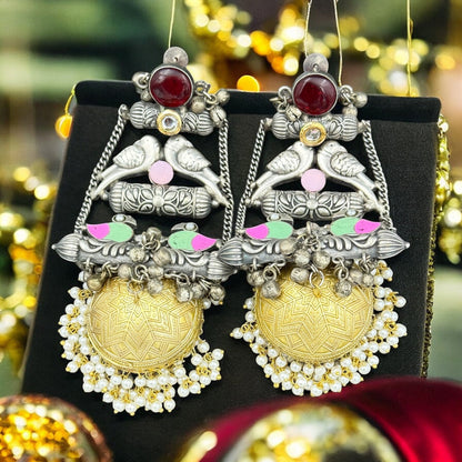 Bohemian Oxidized Red Stone Jhumka Earrings