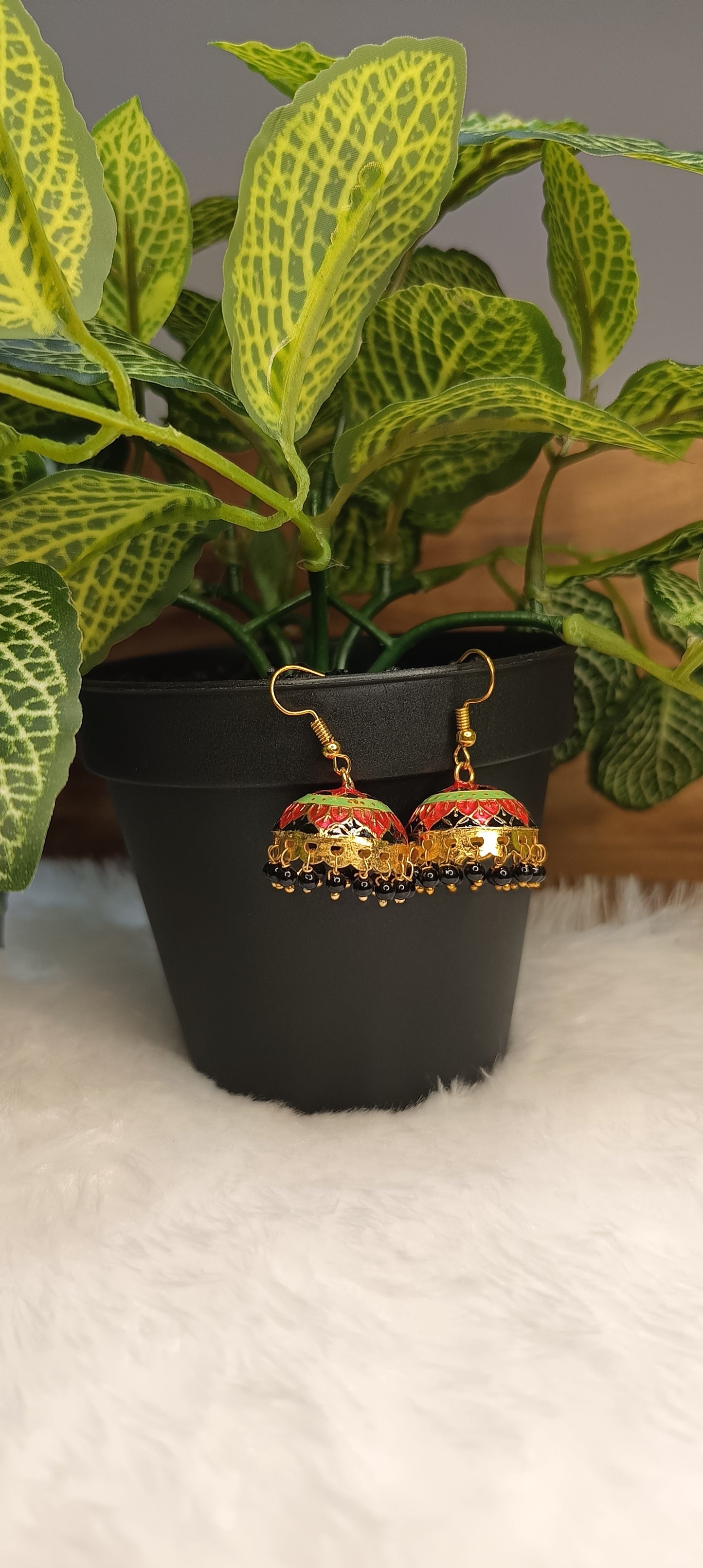 Meenakari Pearl Tassel Jhumki Earrings (Black)