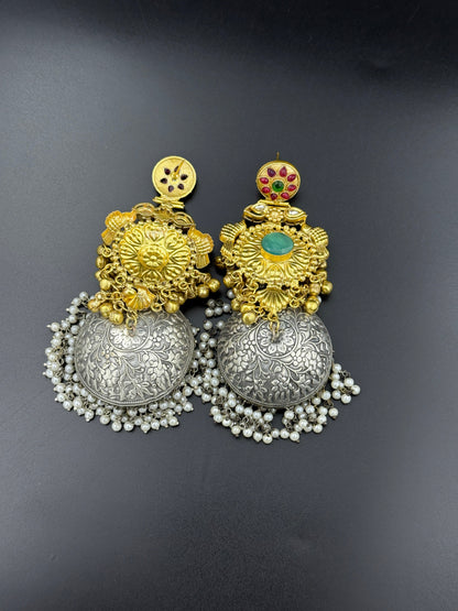 Royal Antique Dual Tone Temple Jhumka Earrings