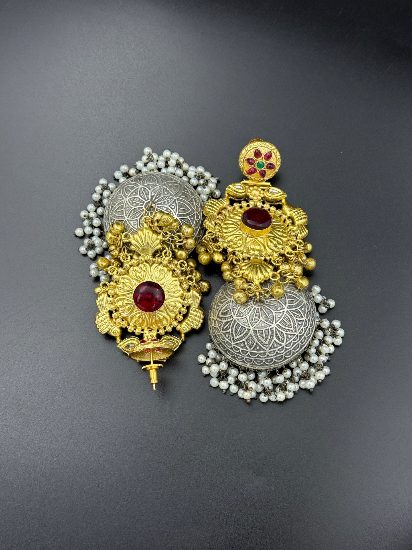 Antique Dual Tone Ruby Temple Jhumka Earrings