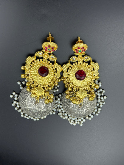 Antique Dual Tone Ruby Temple Jhumka Earrings