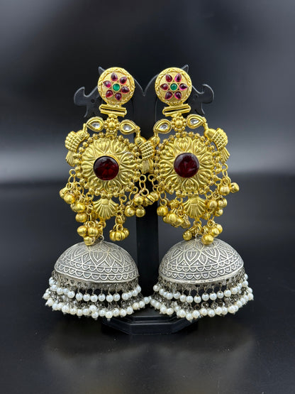 Antique Dual Tone Ruby Temple Jhumka Earrings