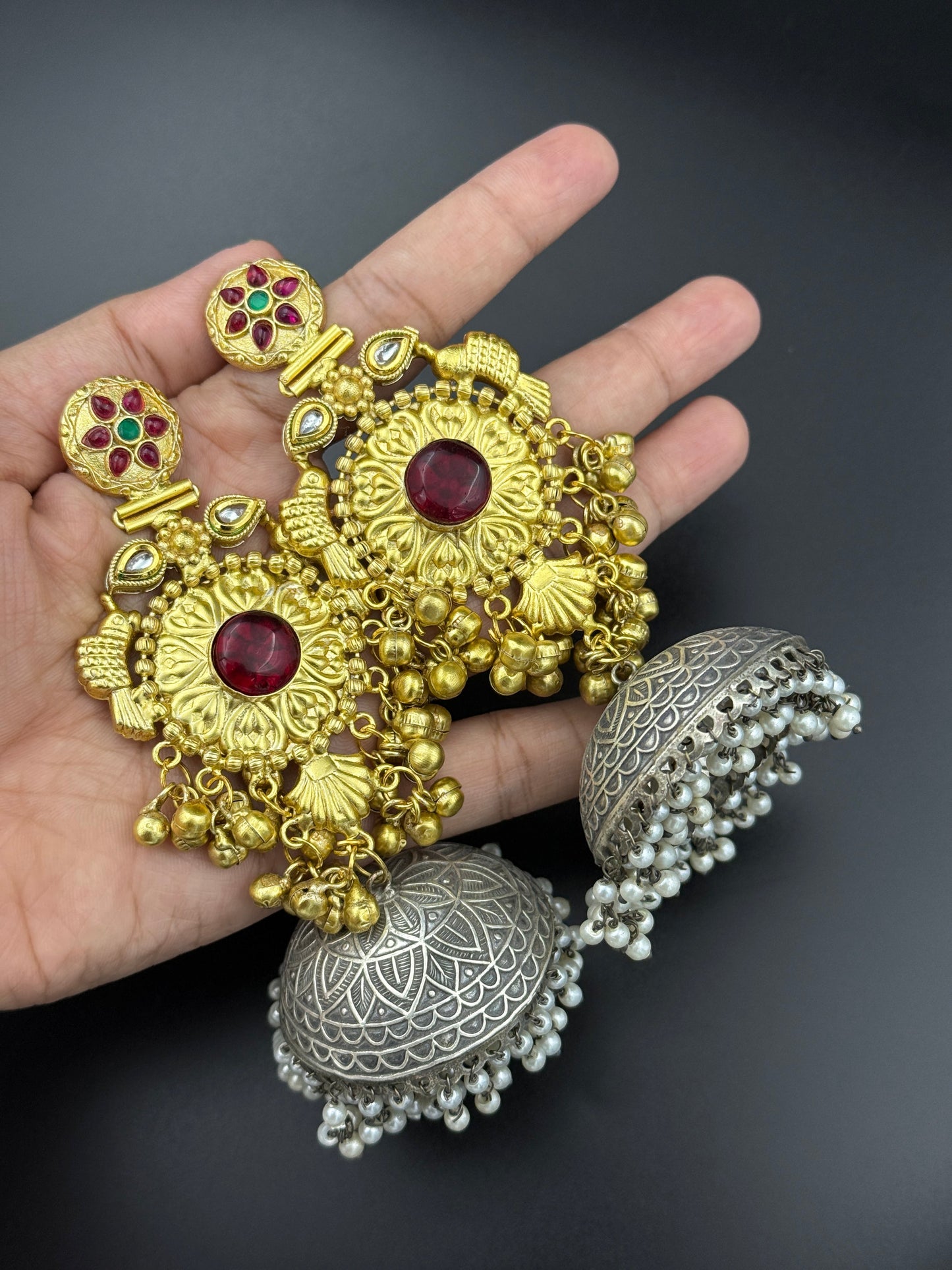 Antique Dual Tone Ruby Temple Jhumka Earrings