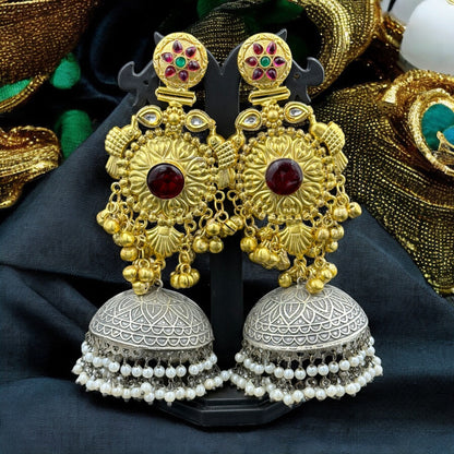 Antique Dual Tone Ruby Temple Jhumka Earrings