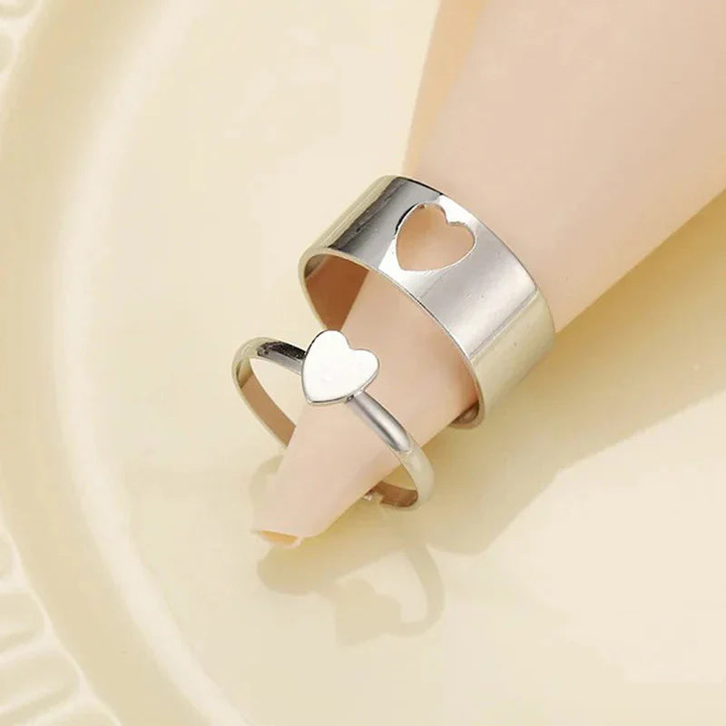 Minimalist Matching Silver Heart Rings Set