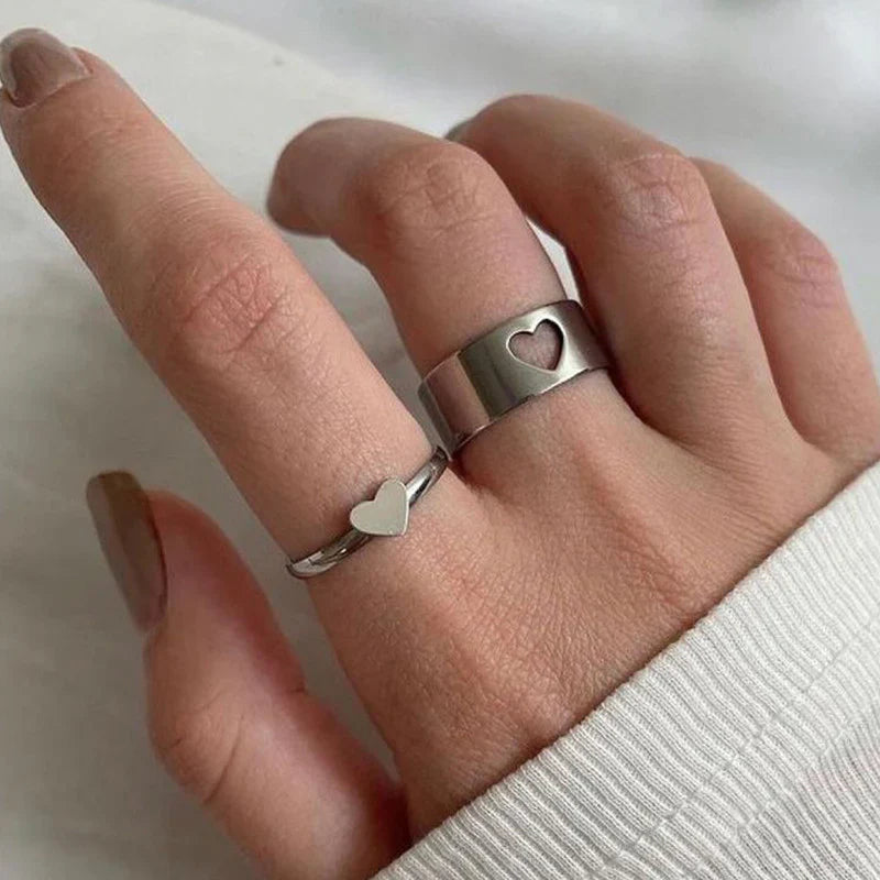 Minimalist Matching Silver Heart Rings Set
