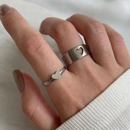 Minimalist Matching Silver Heart Rings Set