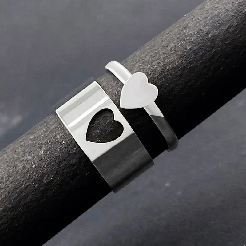 Minimalist Matching Silver Heart Rings Set