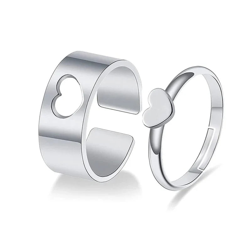 Minimalist Matching Silver Heart Rings Set